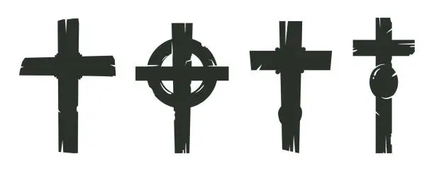 Vector illustration of Grave crosses. Cartoon halloween spooky decoration silhouettes, old cemetery crosses flat vector illustration set. Halloween party gloomy decor
