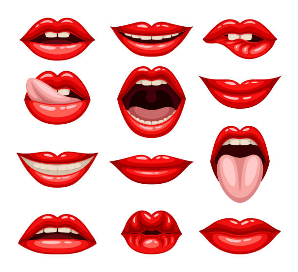 Red lips vector set Red lips set. Stickers with sexy mouth and tongue, kiss and smile, lick and lip biting. Female facial emotions and expressions. Lipstick and makeup. Cartoon flat vector isolated on white background cartoon of red lips smile stock illustrations