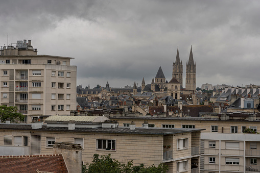 Caen, France - 07 27 2023: Castle of Caen. View of Abbaye aux Hommes from the castle and dungeons