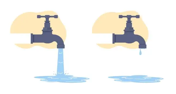 Vector illustration of Water faucet with aqua flow or falling drops. Stopcock leaking. Plumbing maintenance. Open or closed spigot. Dripping liquid. Bathroom or kitchen sanitary engineering. Vector concept