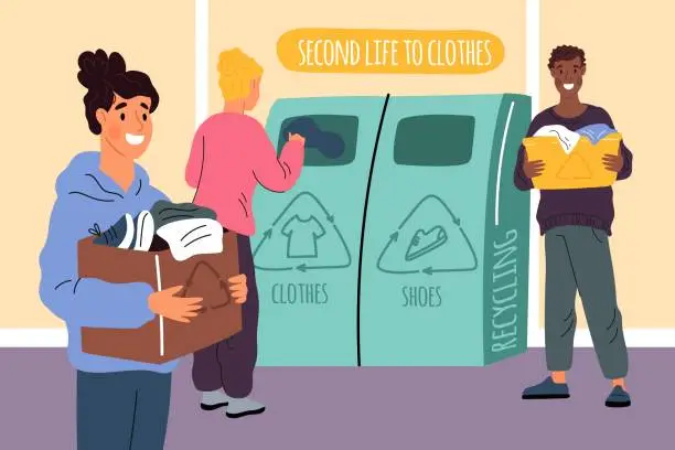 Vector illustration of Cute people hand over old clothes for recycling. Secondhand containers. Volunteers charity donate. Men and women share things. Eco boxes for textile. Garment reuse. Garish vector concept