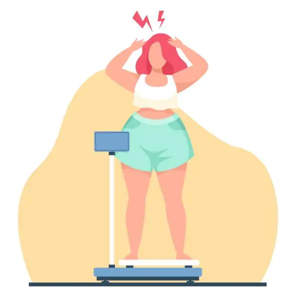 Vector illustration of Concept of being overweight, fat girl scared that scale shows lot of weight. Feeling stressed unhealthy adult character, unhappy obese people. cartoon flat style isolated vector concept