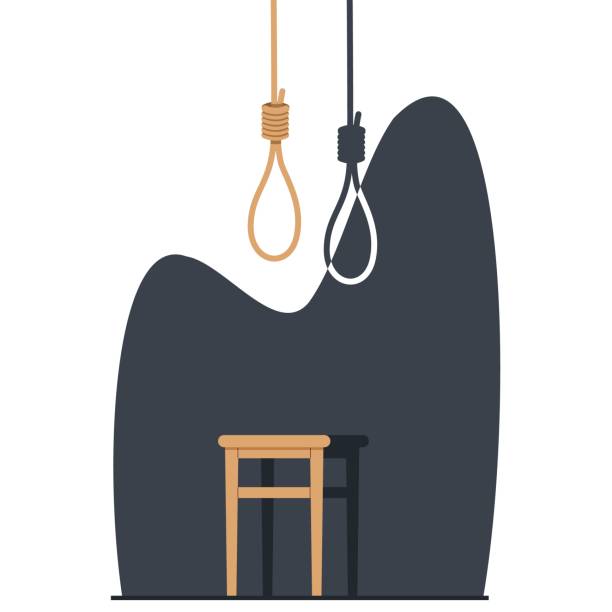 Concept of stalemate and deadlock, stool and knot for hanging. Loop deaf, scaffold node, Lynch loop, tightens noose. Mental illness, depression. Cartoon flat isolated vector suicide illustration Concept of stalemate and deadlock, stool and knot for hanging. Loop deaf, scaffold node, Lynch loop, tightens noose. Mental illness, depression. Cartoon flat style isolated vector suicide illustration hangman stock illustrations