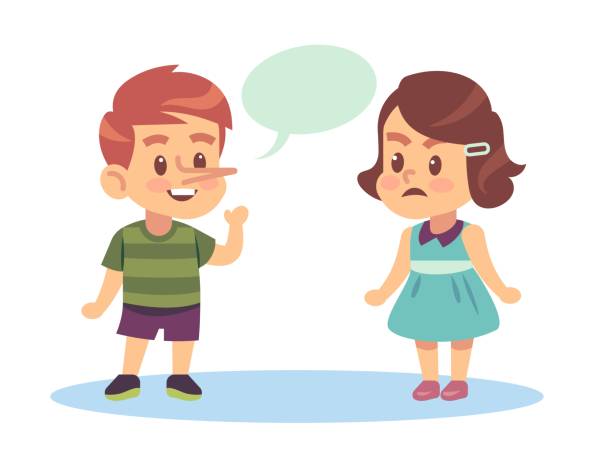 Little boy telling lies to upset little girl. Liar child having big nose suffering from compulsive dishonest behavior. Friend relationships. Cartoon flat style isolated vector concept Little boy telling lies to upset little girl. Liar child having big nose suffering from compulsive dishonest behavior. Friend relationships. Cartoon flat style isolated illustration. Vector concept lying friends quotes stock illustrations