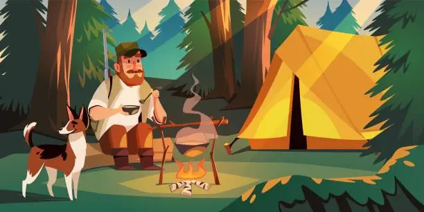 Vector illustration of Hunter on nature. Man with dog in forest with tent, brought in search of game, guy eats soup from pot, sitting by fire, camping with bonfire, hiking adventures, tidy vector cartoon flat concept