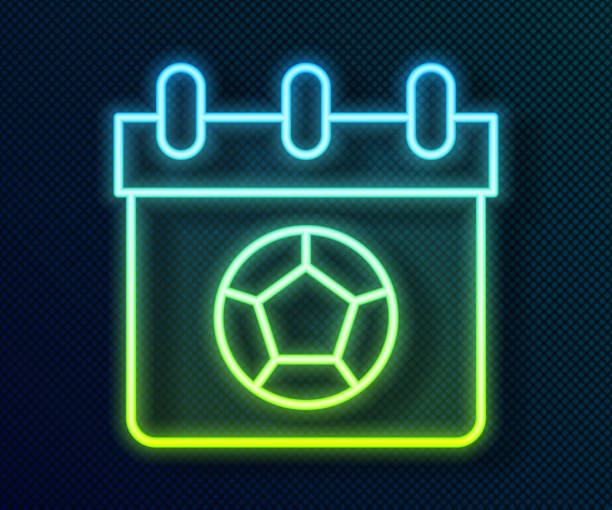 ilustrações de stock, clip art, desenhos animados e ícones de glowing neon line football or soccer calendar icon isolated on black background. match of the day. date football or soccer match. vector - symbol computer icon calendar icon set