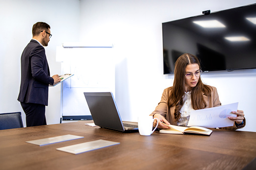 Financial experts working together inside corporate meeting room.