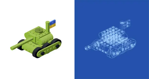 Vector illustration of Concept with armored personnel carrier in isometric style for print and decoration. Vector illustration.