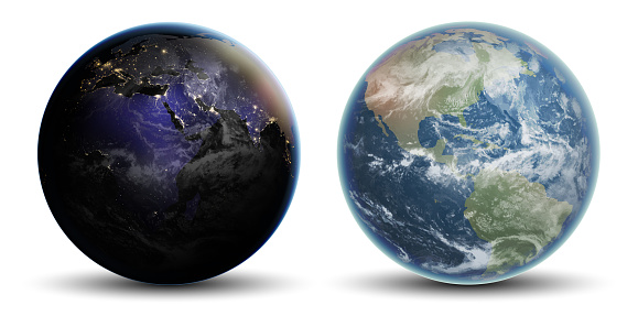 Two globes, night and day, on a white background. Highly realistic illustration