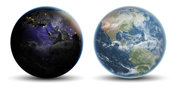 Planet Earth day and night. Highly realistic illustration. Two globes, night and day, on a white background. Highly realistic illustration planet earth stock illustrations