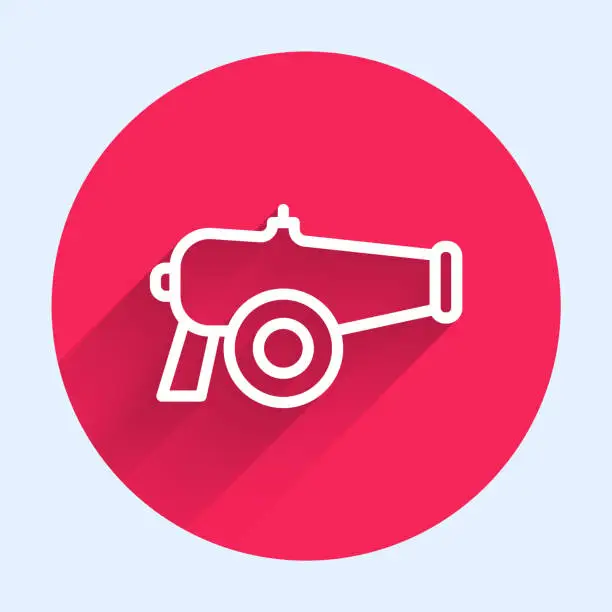 Vector illustration of White line Cannon icon isolated with long shadow. Red circle button. Vector