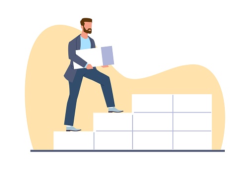 Concept of building business company, male businessman builds wall of bricks. Startup development successful strategy. Entrepreneur or manager working cartoon flat style isolated vector illustration