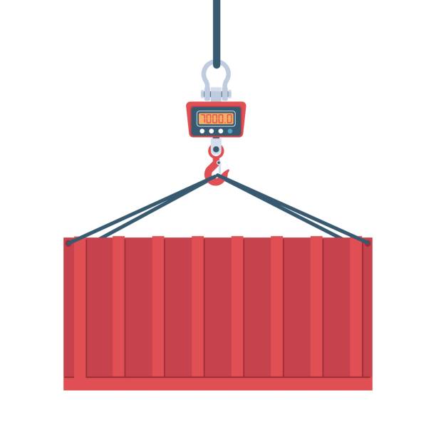 istock Electronic scales for weighing large items are suspended from container weighing crane. warehouse equipment for measurement, delivery storage cartoon flat style isolated vector concept 1629605774
