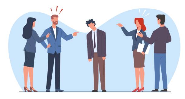 Group of violent people bullying and accusing man of being coworker. Employees point fingers and laugh, emotional stress on work, aggressor and victim cartoon flat style vector concept Group of violent people bullying and accusing man of being coworker. Employees point fingers and laugh, emotional stress on work, aggressor and victim cartoon flat style illustration. Vector concept business people laughing at work stock illustrations