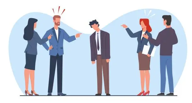 Vector illustration of Group of violent people bullying and accusing man of being coworker. Employees point fingers and laugh, emotional stress on work, aggressor and victim cartoon flat style vector concept