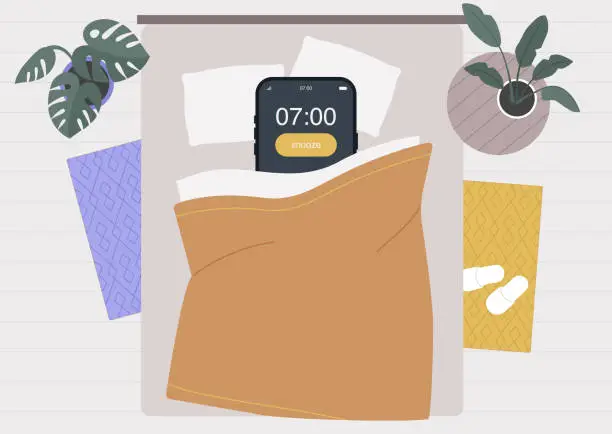 Vector illustration of A large mobile phone rests beneath a blanket on a bed, emitting an alarm signal