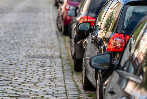 Rear view of cars parking at street, Germany Brandenburg Potsdam