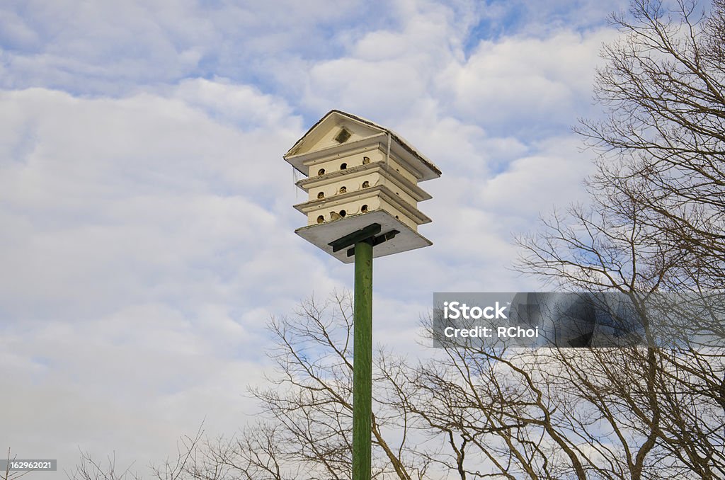 Birdhouse amidst beautiful skies A high birdhouse stands tall in local park Bare Tree Stock Photo