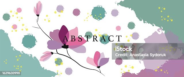 istock Vector abstract background. Pink flowers and twigs. Gold spots. Abstract pink, purple and green circles. Perfect as screensaver, background and wallpaper. 1629630990