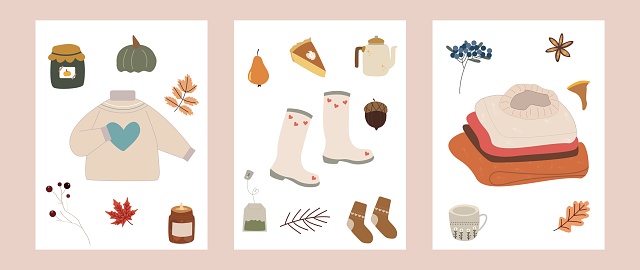 Vector set of autumn icons: sweater, falling leaves, cozy food, candle. Collection of autumn season elements. Bright background for harvesting. Autumn card.