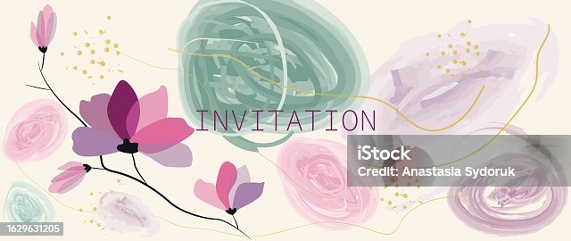 istock Vector illustration. Watercolor illustration. Gentle flower and gold splash for nature banner background. Suitable for use as screensaver, wall decoration, wallpaper, book cover and notebook. 1629631205