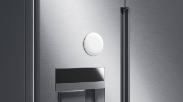 istock Blank white round magnet on fridge mockup, side view 1629632307
