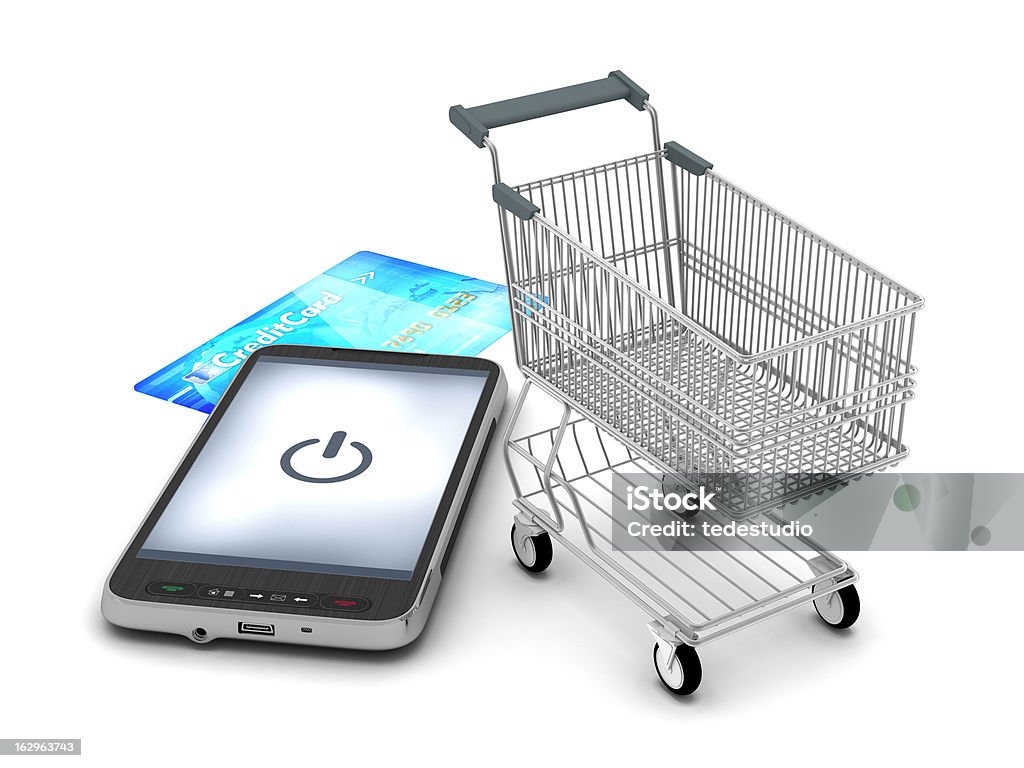 휴대폰, 쇼핑카트 및 신용 카드 (흰색 배경) - 로열티 프리 Brand Name Mobile Payment 스톡 사진