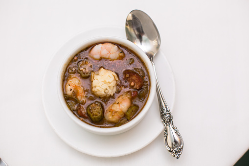 Cup of shrimp and okra gumbo in New Orleans, Louisiana