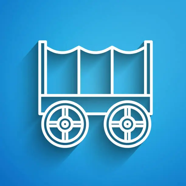 Vector illustration of White line Wild west covered wagon icon isolated on blue background. Long shadow. Vector