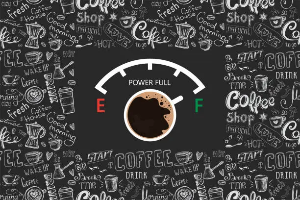 Vector illustration of Measuring scale with cup of coffee. Full energy indicator after coffee or tea break. Power full, switch on. Printable banner, web promotion poster, template. Top view.