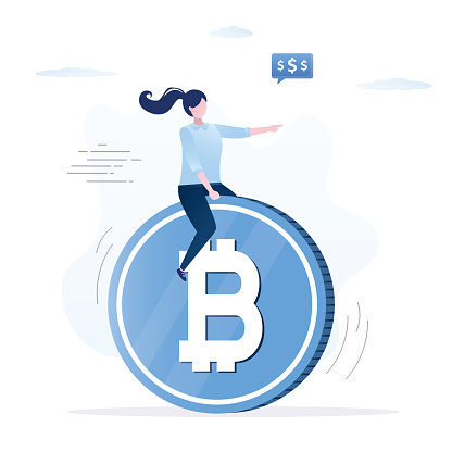 Big bitcoin is rolling in the direction of profits. Woman investor sits on cryptocurrency and rides to success. Investments in blockchain technology. Flat vector illustration