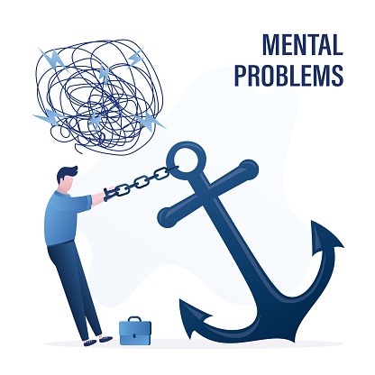 Businessman tied with chains to huge anchor. Messy chaos in thoughts, difficulty of choice. Fear, error in decision making. Concept of heavy burden, mental problems, psychologically unhealthy, stress.