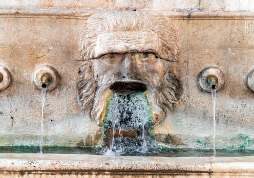 detail of the fountain in front of the Pantheon in the Italian city of Rome, located in the Piazza della Rotonda. The fountain was designed by Giacomo Della Porta in 1575 and sculpted by Leonardo Sormani; Rome, Italy