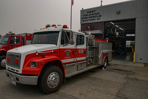 Pasadena, California, USA - May 10, 2022: image of a Pasadena Fire Department Engine 33 shown parked on Colorado Boulevard.