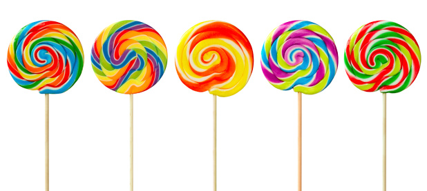 Row of colorful lollipops against white