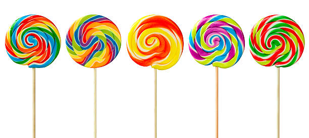 5 multicolored old fashioned swirl lollipops Row of colorful lollipops against white lolipop stock pictures, royalty-free photos & images