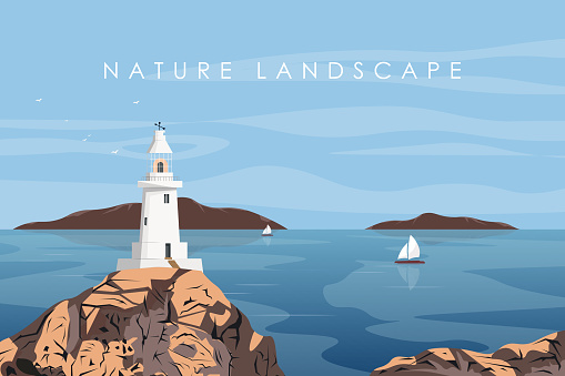 Vector illustration lighthouse landscape background. Background for the site, banner, poster. Wallpaper, landing page. Nature landscape