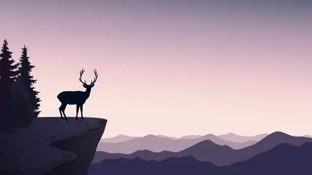 Vector illustration of Silhouette of a deer standing on the edge of a cliff.