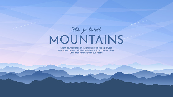 Beautiful mountain landscape in blue tones. A panoramic view of the mountains. Silhouettes of mountains in the fog. Vector image. Background design for travel, tourism.