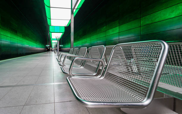 Empty metal bench at subway station Hamburg Hafencity, Germany Hamburg Hafencity Station