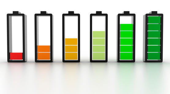 Conceptual battery icons, illustrating six different power levels (empy, medium, full) with different colors (from red to green)