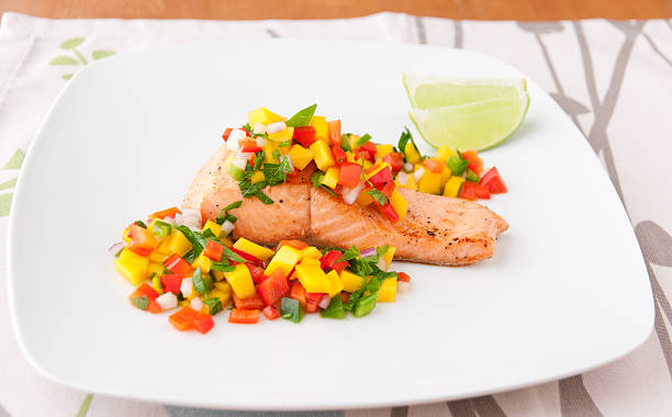 istock Salmon fillet with mango salsa on white plate. 162970324