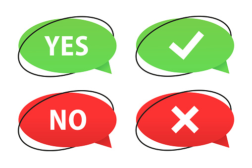 Check and cross mark icons on messages bubble. Design concept for web and mobile apps. Yes or no buttons. Green tick and red cross. Vector illustration