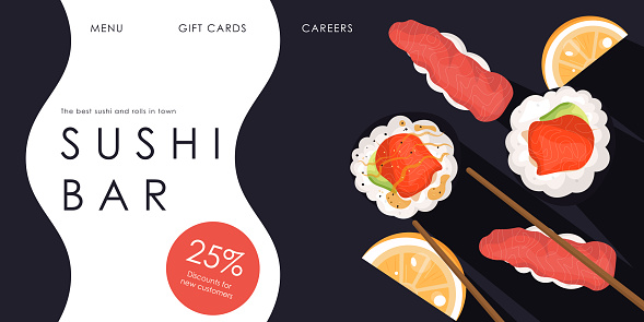 Vector illustration. Sushi bar, advertising, banner, website design, landing page. Sushi, rolls, restaurant, cafe, Japanese food.