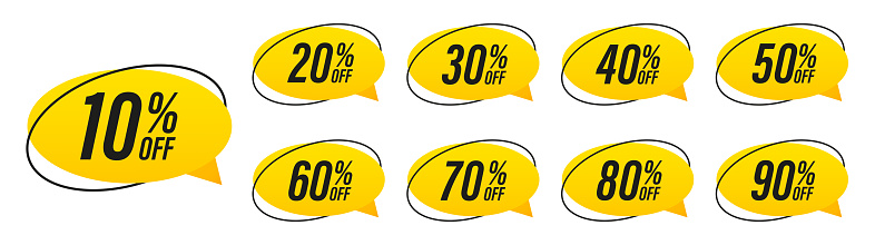 Sale and discount labels. Label price. 10, 20, 30, 40, 50, 60, 70, 80, 90 percent sale. Speech bubble discount tag. Promotion and advertising. Vector illustration