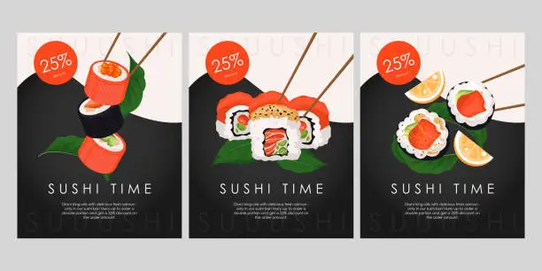 Vector illustration of Sushi rolls restaurant flyers, flyers, banners set, advertising, Japanese food