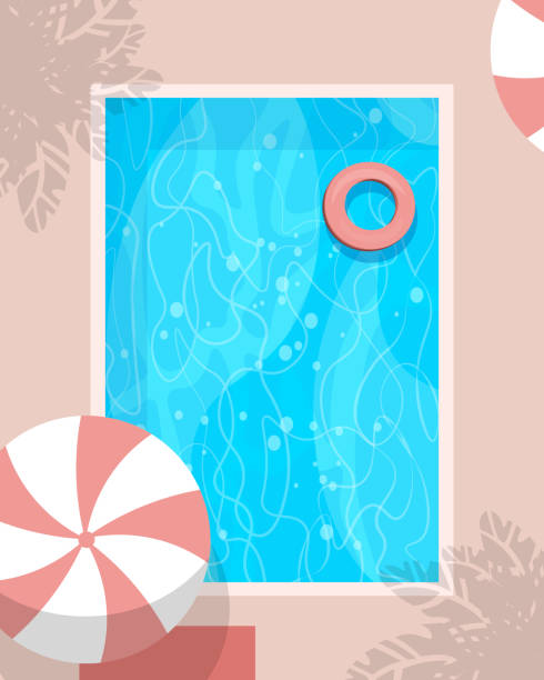 Swimming pool, recreation, chill Vector illustration. Swimming pool, vacation, pink beach umbrellas, hotel background, vacation background, tourism background. pink beach umbrella stock illustrations