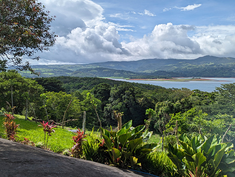 Overlook to gardens and terrace at a lodge  on Lake Arenal in the Guanacaste Province, Costa Rica