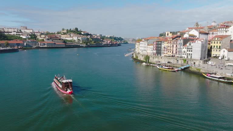 Drone view of Porto downtown with Douro river