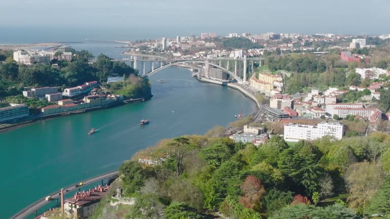 Drone view of Ribeira District of Porto, Portugal